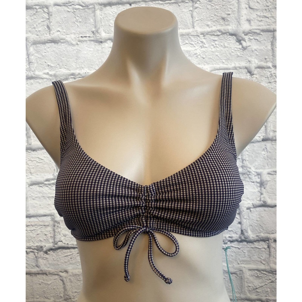 Women’s Kona Sol Gingham Navy Blue Checkered Bikini Top Size Small Cinch Front